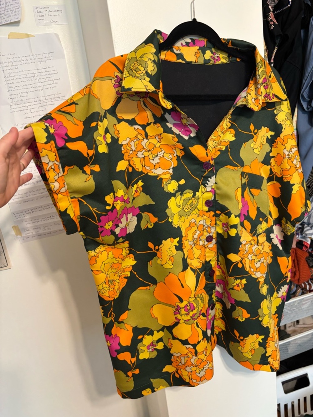 Vibrant Floral ‘Button-Up’ Top in Green, homemade with recycled fabric, size 18